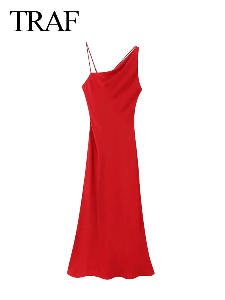 

TRAF Women's Summer Red Satin Party Evening Dress Fashion Sleeveless Backless Asymmetric Robe Women's Slim Long Dress Y2K