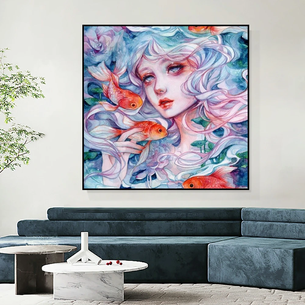 Картина из страз с изображением живописи с изображением Луны и рыбок