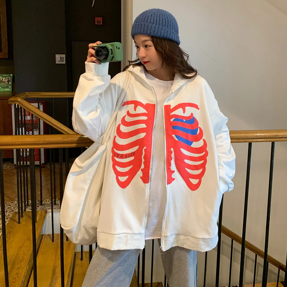 Y2K куртки на молнии Готический принт скелета уличная одежда с капюшоном длинным