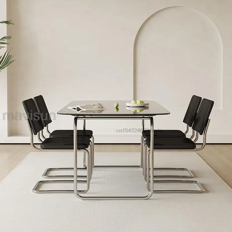 

Modern Minimalist Dining Room Coffee Corners Sets Rectangle Tempered Glass Tabletop In Black Stainless Steel Kitchen Tables