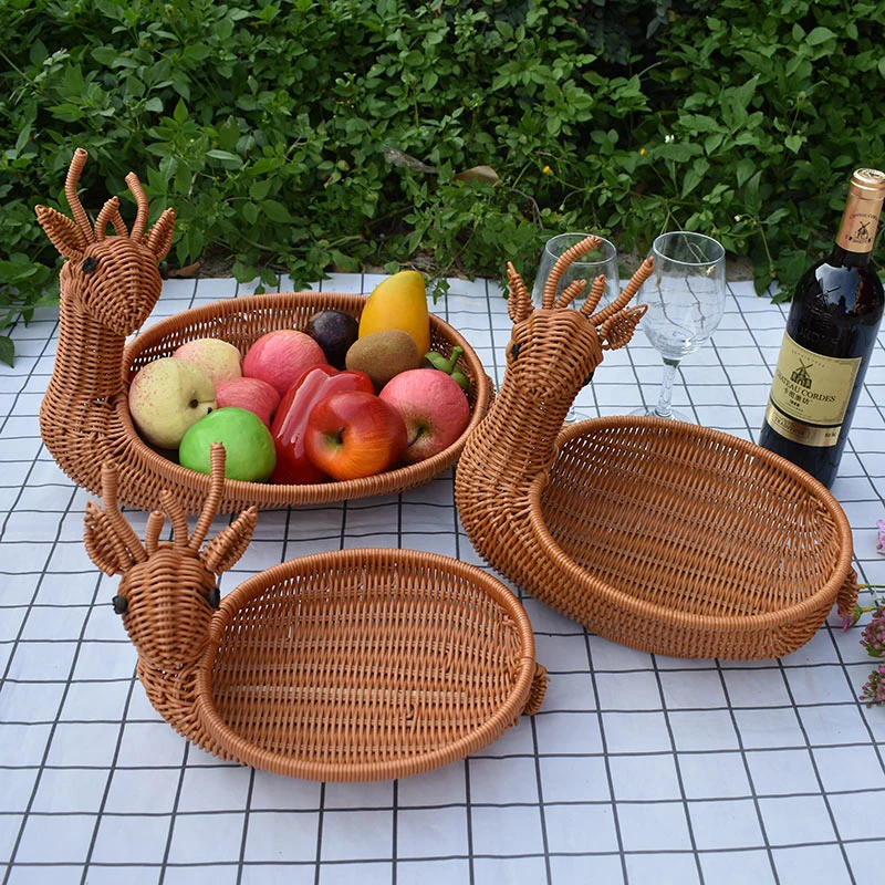 

Rattan Woven Fruit Basket Cute Shape Fruit Bowls Tray Vegetable Snack Basket Novelty Animal Shaped Storage Basket Desktop Decor