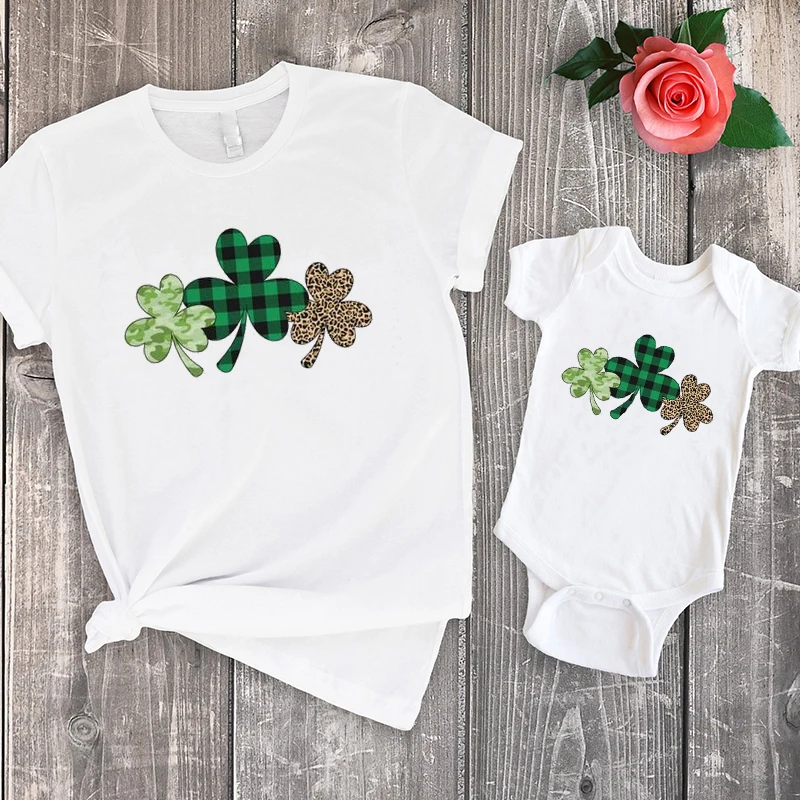 

St Patricks Day Matching Outfits Lucky Tshirt Shamrock Mommy and Me Clothes Leopard Family Clothing Mother and Daughter