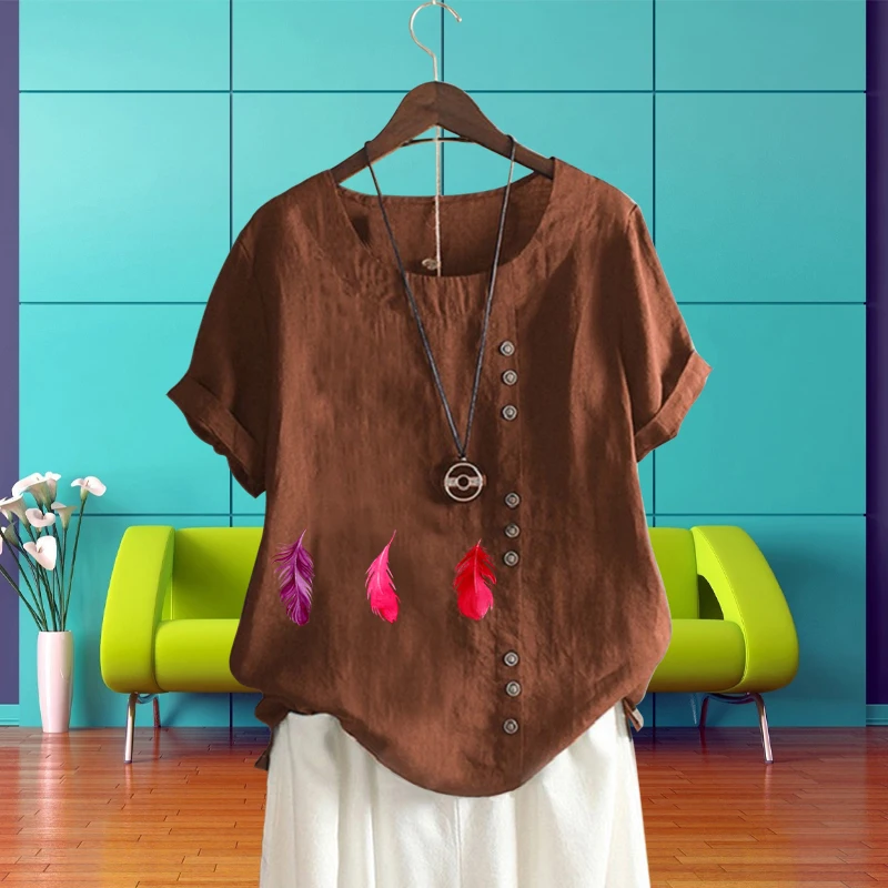 

Women's Clothing O Neck Short Sleeve Vivid Feather Pattern Pullover T Shirt Round Neck Summer Top Loose Linen Shirt for Lady