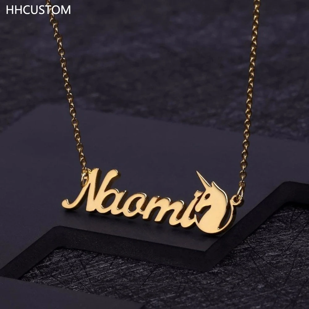 

HHCUSTOM Custom Unicorn Name Necklaces Personality Stainless Steel Cartoon Nameplate Pendant Choker For Women Jewelry Party Gift