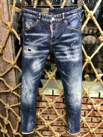 new dsquared2 menswomen fashion slim fit ripped patch jeans paint ripped ink micro elastic blue pants 9602
