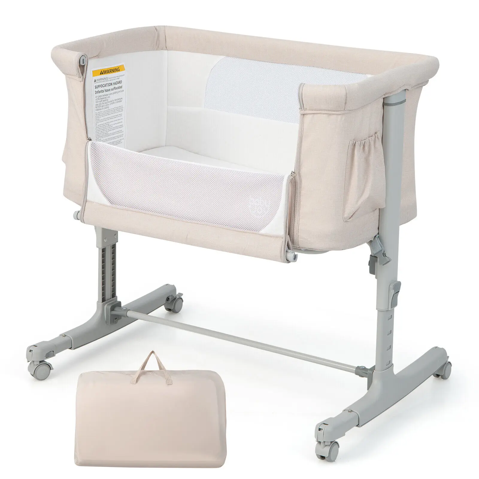 Babyjoy 3-in-1 Baby Bassinet Beside Sleeper Crib with 5-Level Adjustable Heights Beige