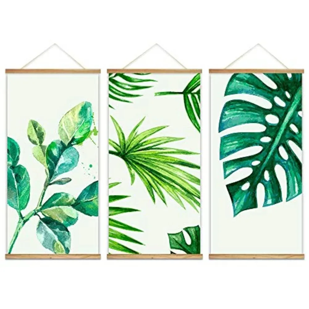 

3 Panel Hanging Poster with Wood Frames - Watercolor Style Tropical Leaves - Ready to Hang Decorative Wall Art