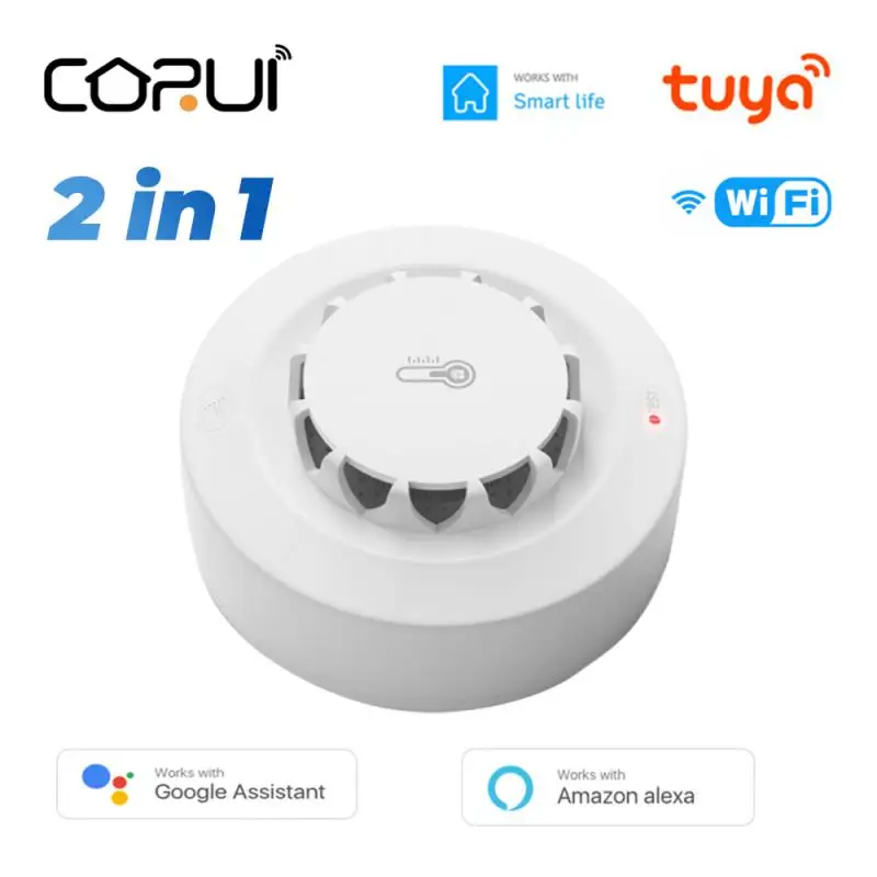 

Смарт-детектор дыма и температуры CORUI Tuya Wi-Fi и датчик влажности 2 в 1, датчик сигнализации 80 дБ для Smart Life, Alexa, Google Home