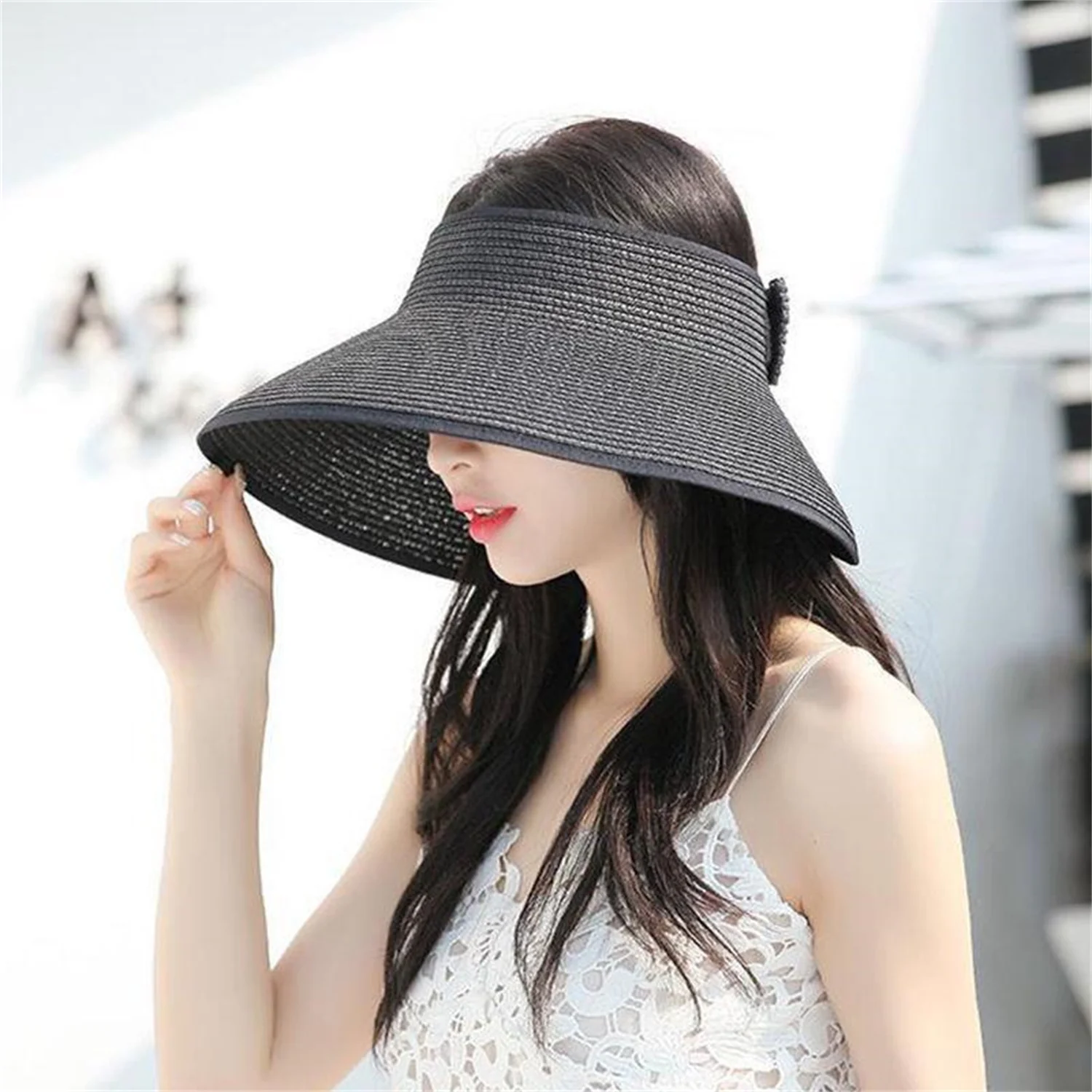 

Foldable Empty Top Straw Bow Hats For Women Summer Solid Color Wide Brim Beach Visor Caps UV Protction Sun Hats For Women