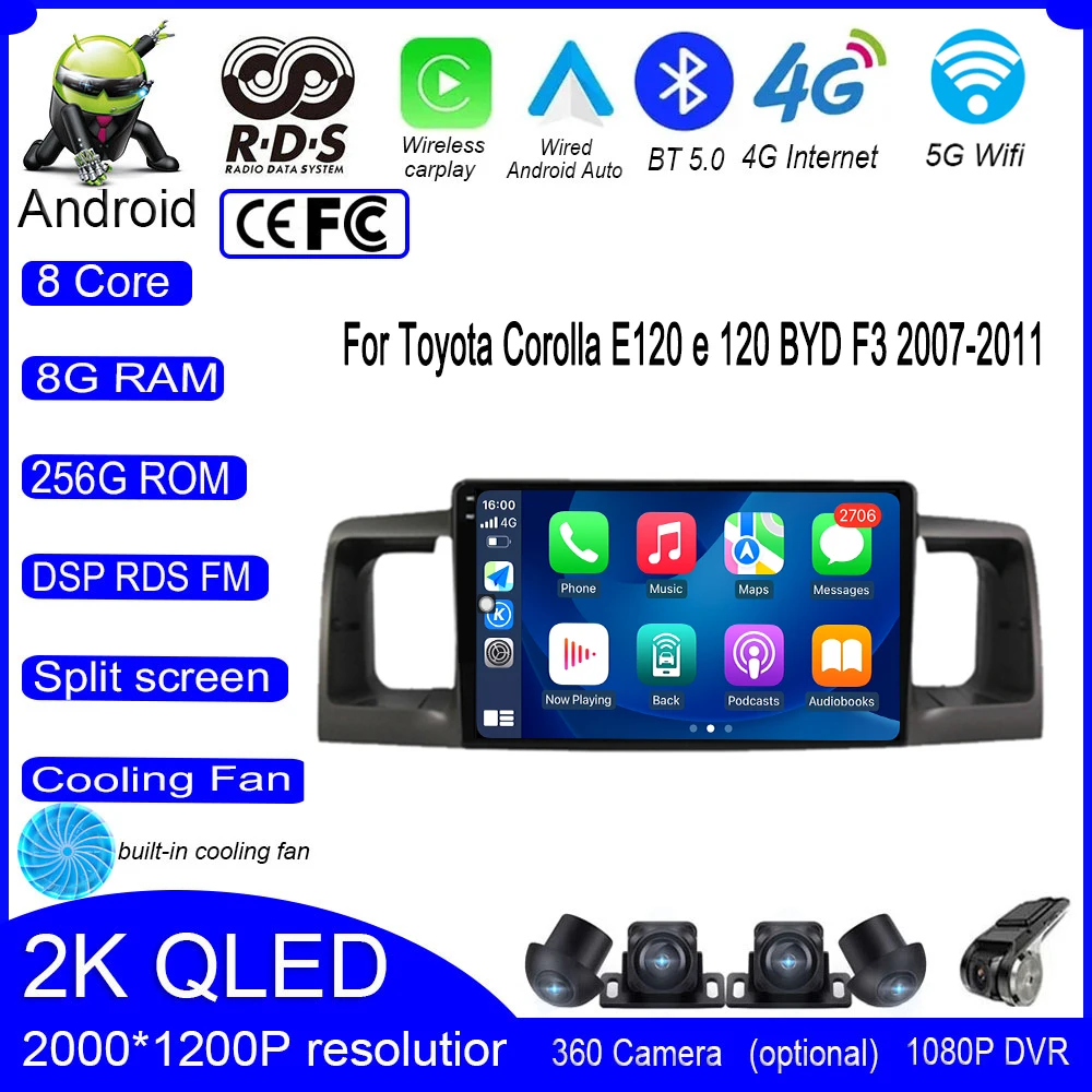 

Для Toyota Corolla E120 e 120 BYD F3 2007-2011 Android 13 Автомобильный GPS IPS QLED радио видеоплеер мультимедийный стерео экран авто