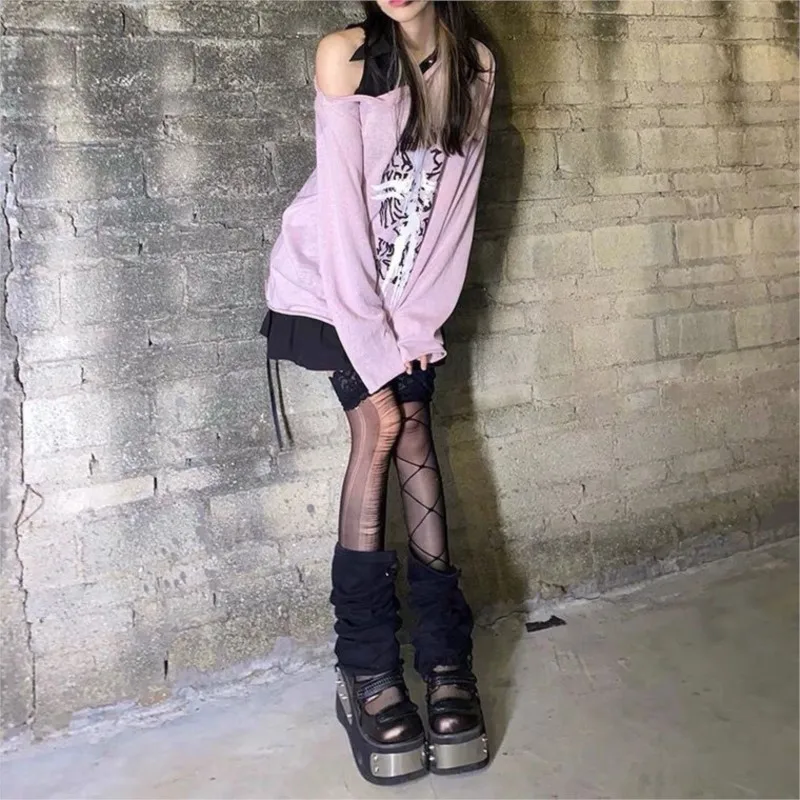 

Long Sleeve Female American Loose Top Retro Print Spring Summer Street Sweet Cool Spice Girl Pullover Cross