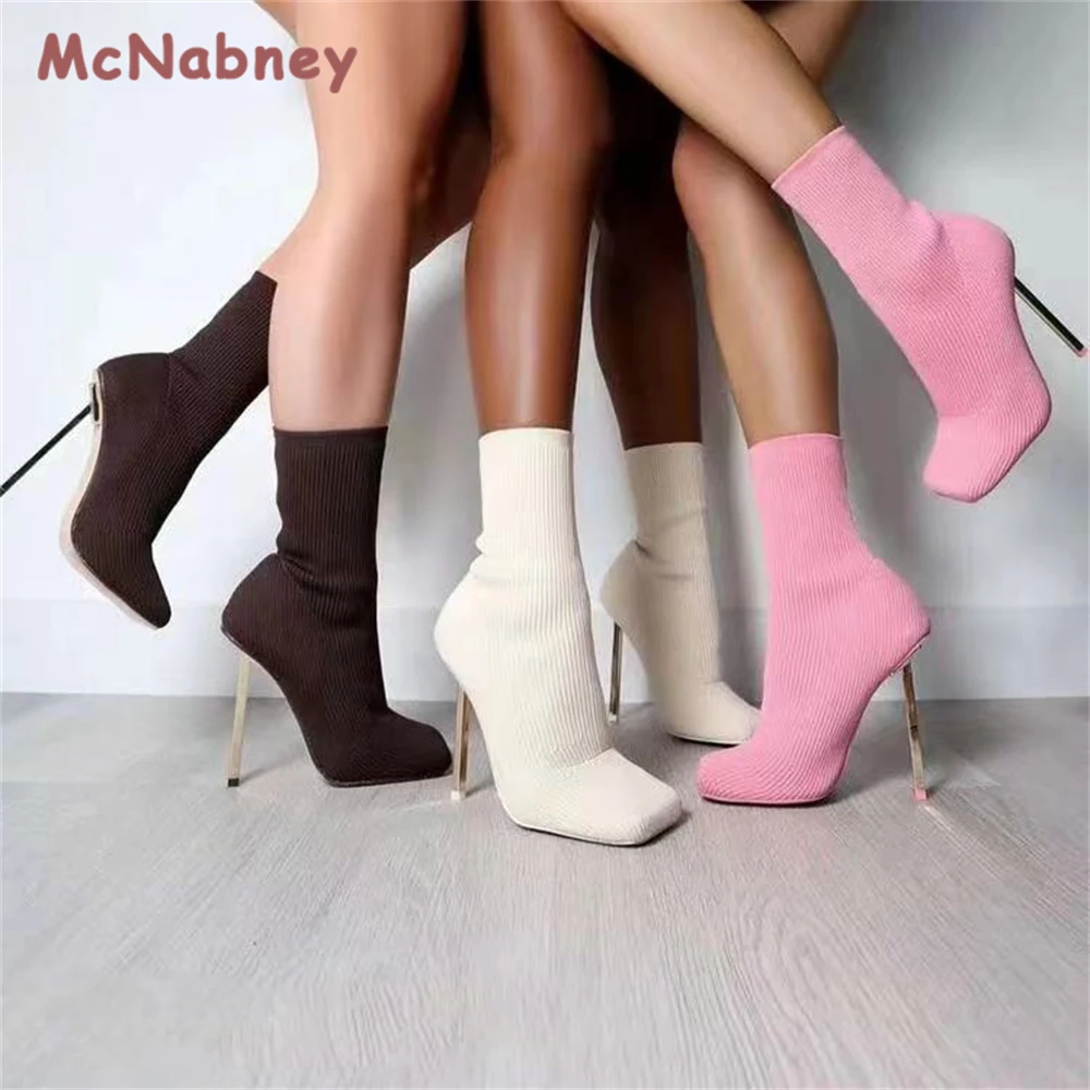 2023 Winter New Knitted Socks Boots Luxury Stiletto Pumps High Heels Sexy Short Boots Breathable Square Toe Slim Women's Boots