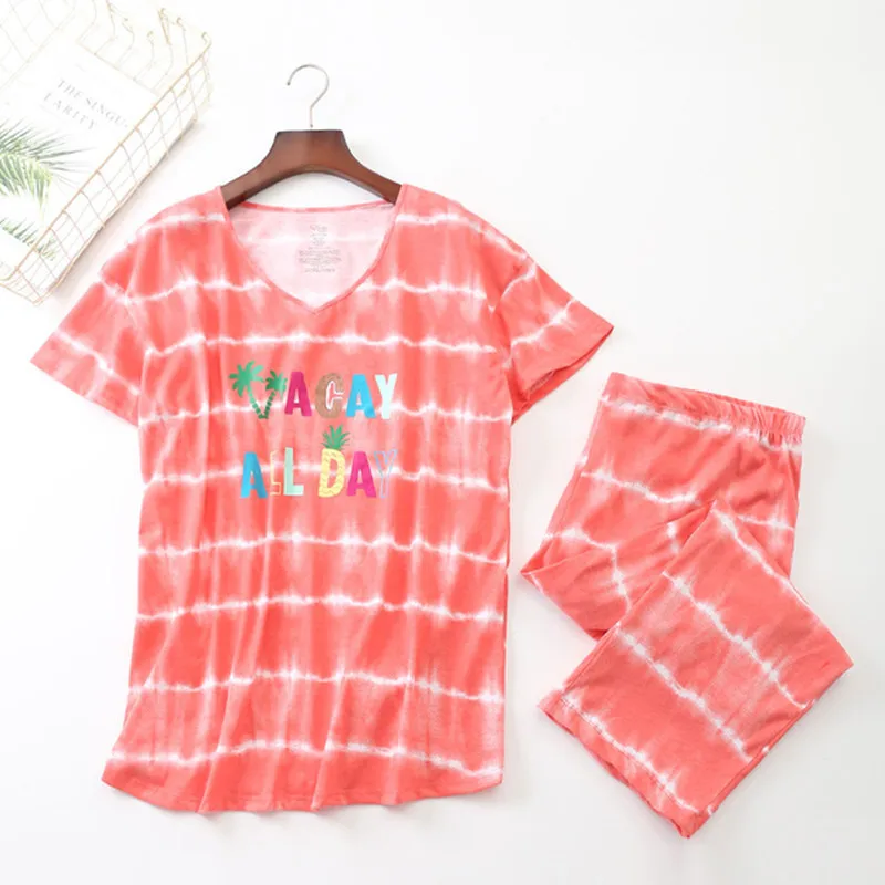 Summer Pajamas Set Short Sleeve T-shirt Calf-length Pants Cartoon Pyjama Big Size Mom Soft Homewear Cozy Plus Sleepwear