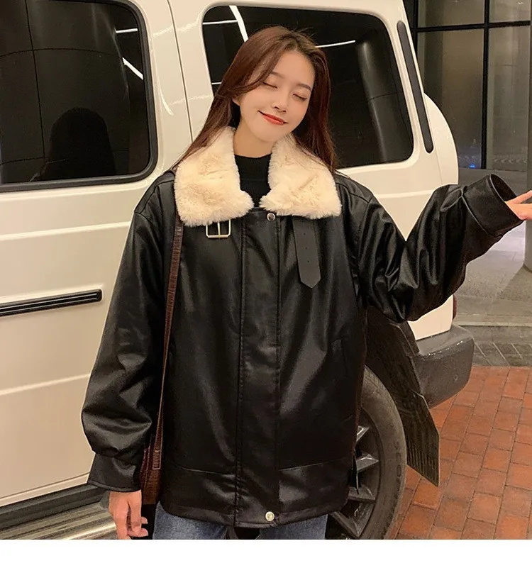 Winter Women's Thick Plush Loose Leather Coat, Fur Integrated Warm Leather Jacket In 2022  Winter Coat Women Korean Style