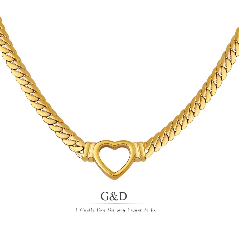 

G&D Hip Hop Exaggerating Luxury Personality Punk Trend Cuban Chain Heart Gold Color Stainless Steel Necklace for Women Jewelry