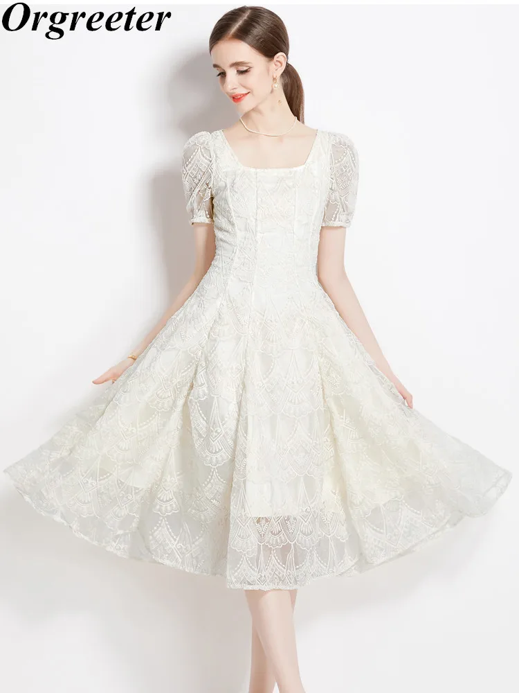 

High Quality Elegant Lady Square Neck Beige Mesh Dress for Women French Vintage Slim Women's Embroidery Lace Dresses