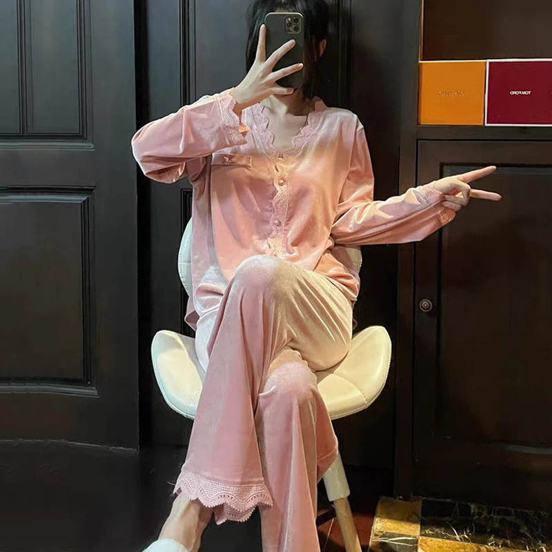 2pcs Women's Pajamas Sets Woman Sleepwear Gold Velvet V Neck Design Suit Long Sleeve Trousers Set Home Clothes Sexy Pijamas