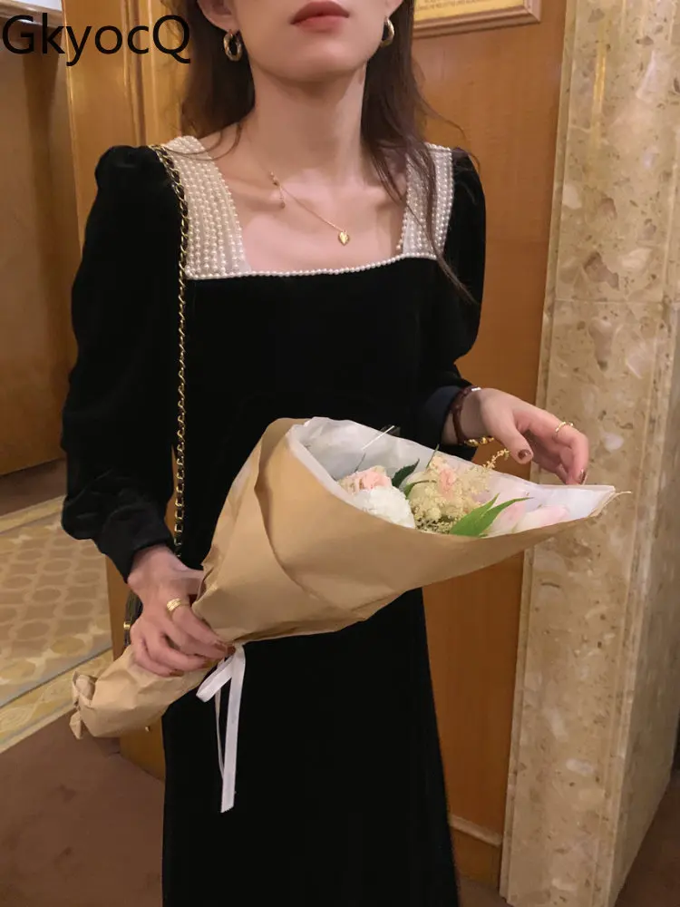 

Женские длинные платья, французское однотонное бархатное платье с вышивкой, длинными рукавами и квадратным вырезом, женское сексуальное об...