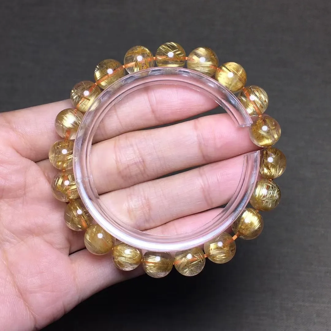 

Браслет из натурального золота с рутилированными кварцевыми бусинами, 9 мм