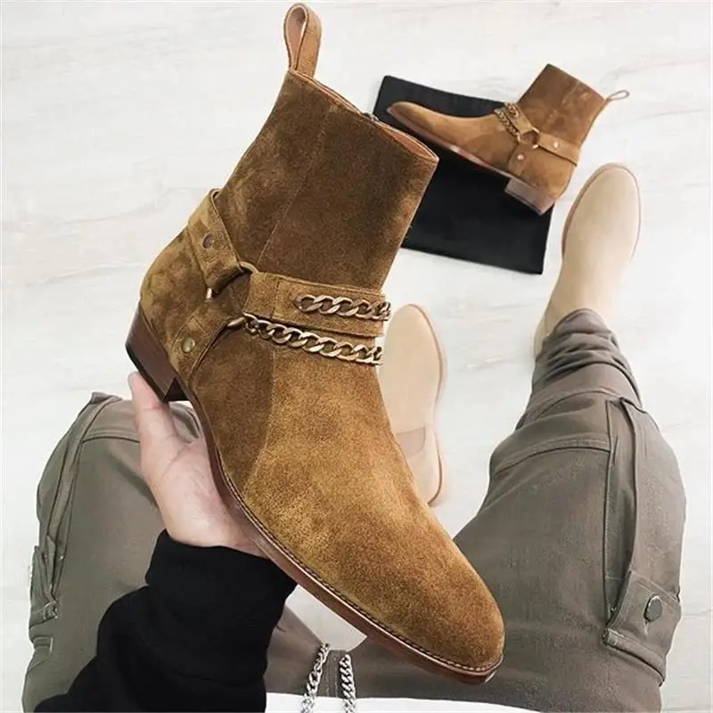 

2020 Fashion Hot Men Shoes PU Leather Boots Metal Chain Round Head Soft Outdoor Warm Casual Boots Men Comfortable Botas Hombre