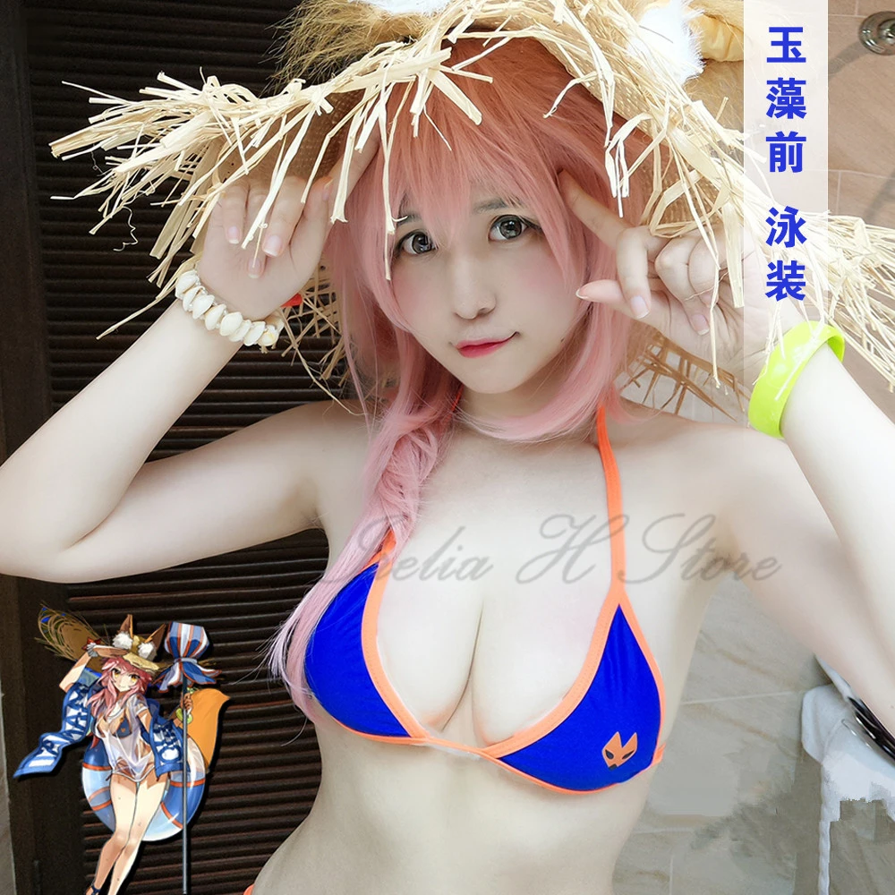 

Tamamo no Mae Fate/Grand Order Cosplay Tamamo no Mae cosplay costume mae swimsuit swimwear summer biniki hat ears tail