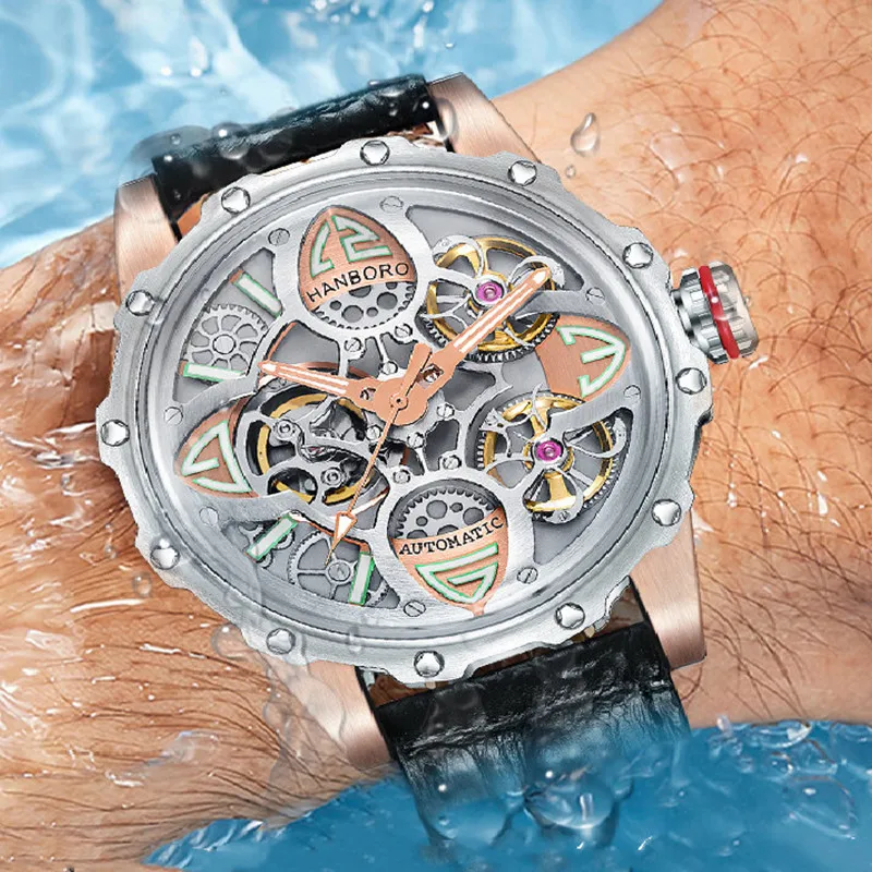 HANBORO Watch For Men Leather Automatic Men Mechanical Wristwatches Seiko Movement Nh38 Men Watches Turbilion 2022 Men'S Watch