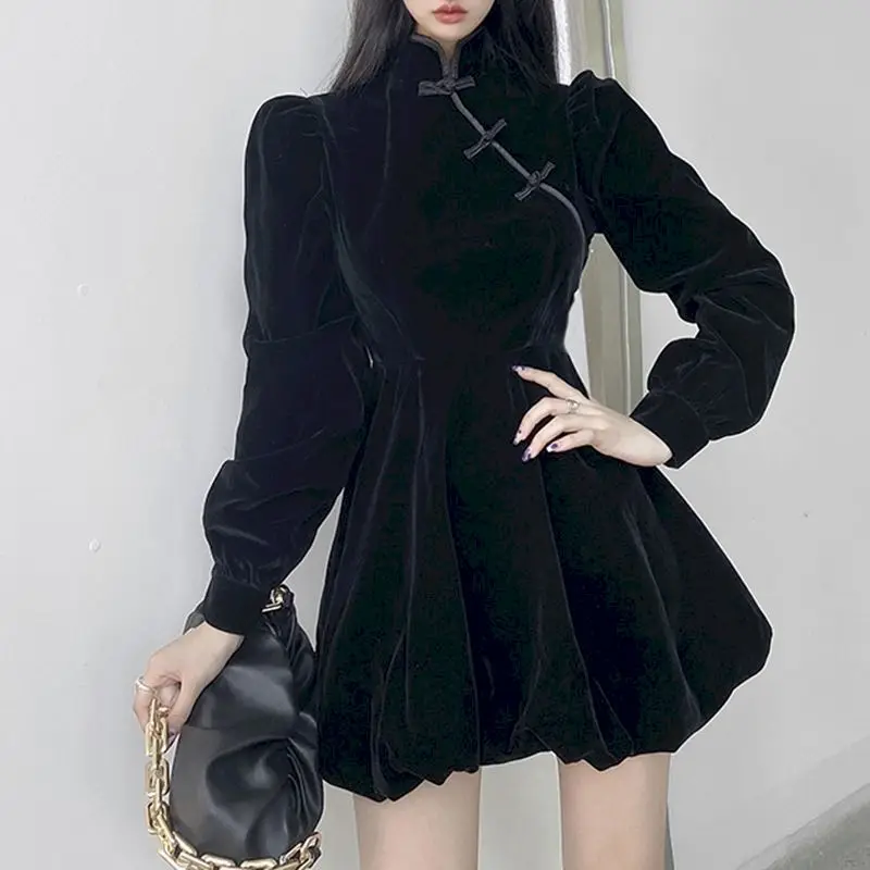 

2022 Spring Autumn New French-style Waist-less Slimming Little Black Dress Cheongsam Oblique Button High-neck Tutu Skirt Women