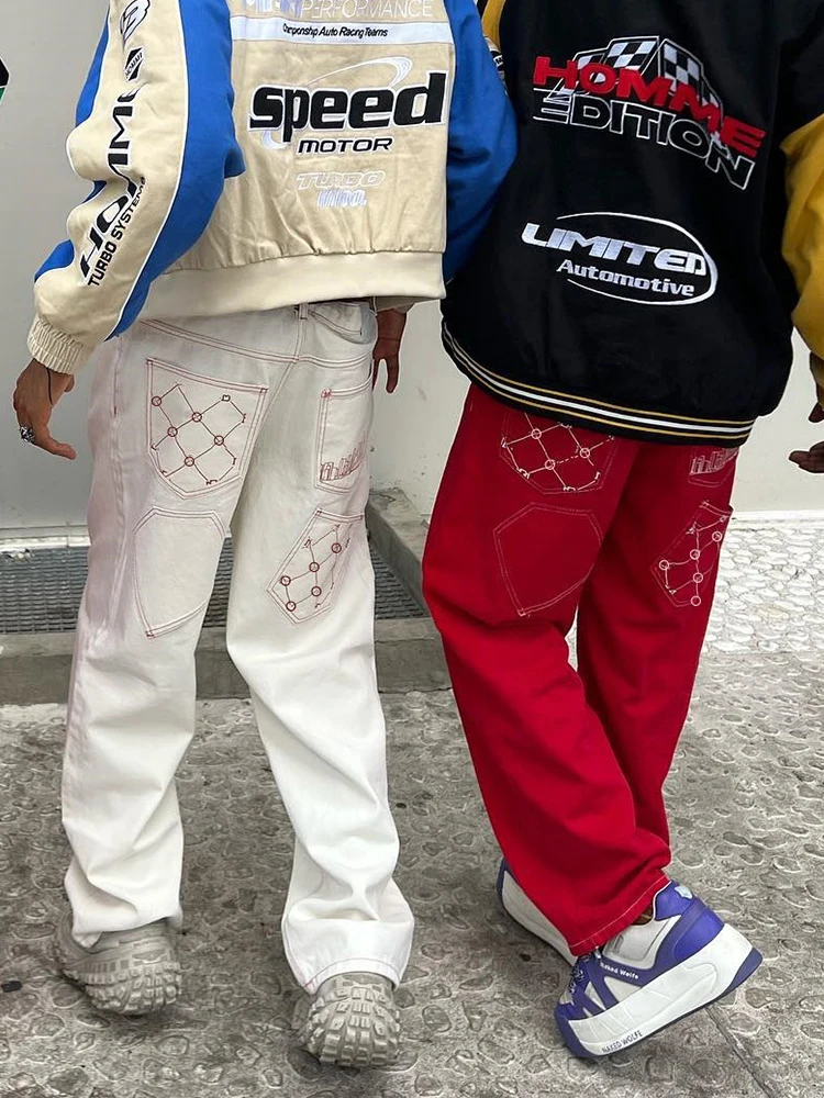 Latest Design Y2k Baggy Pants For Men Fashion Pockets Embroidery Casual Bottoms Streetwear Red Loose Fit Straight Wide Leg Jeans