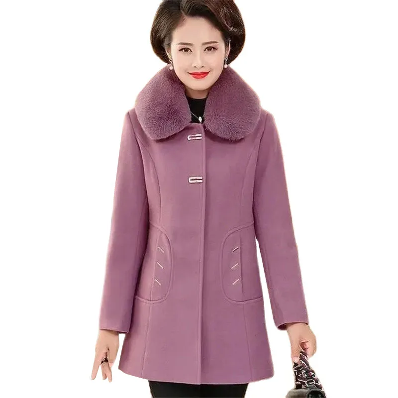 

Middle Aged Elderly Women Woolen Coat Autumn Winter High End Quilted Cotton Wool Overcoat With Fur Collar Mothers Clothes 5XL