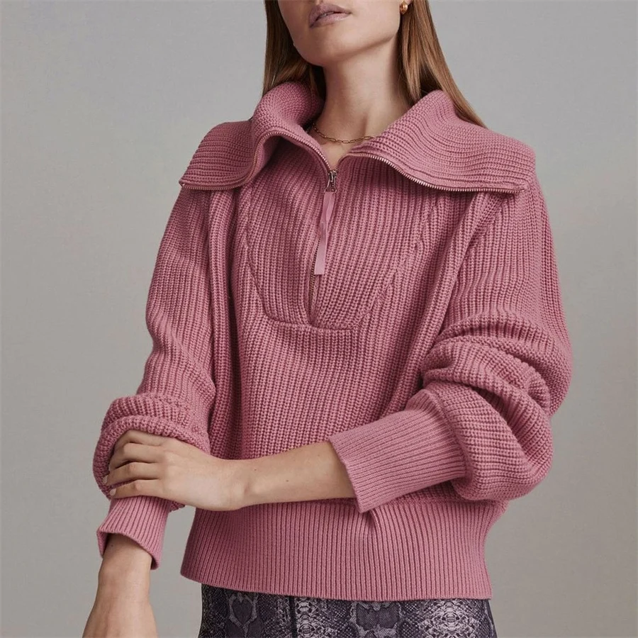 

Fall Winter Warm Women Knitted Sweater Long Sleeve Turtleneck Zipper Pullover Tops Loose Jumpers Tops