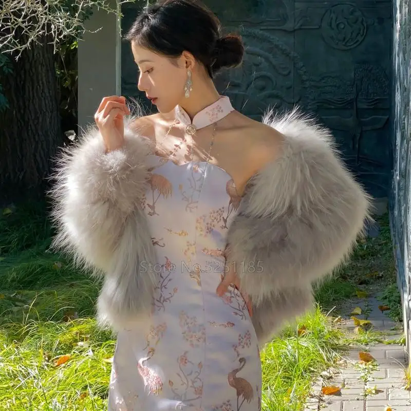 

Women Cheongsam Chinese Oriental Style Dress Tube Top Slit Light Pink Crane Embroidery Crystal Bead Chain Splicing Collar New