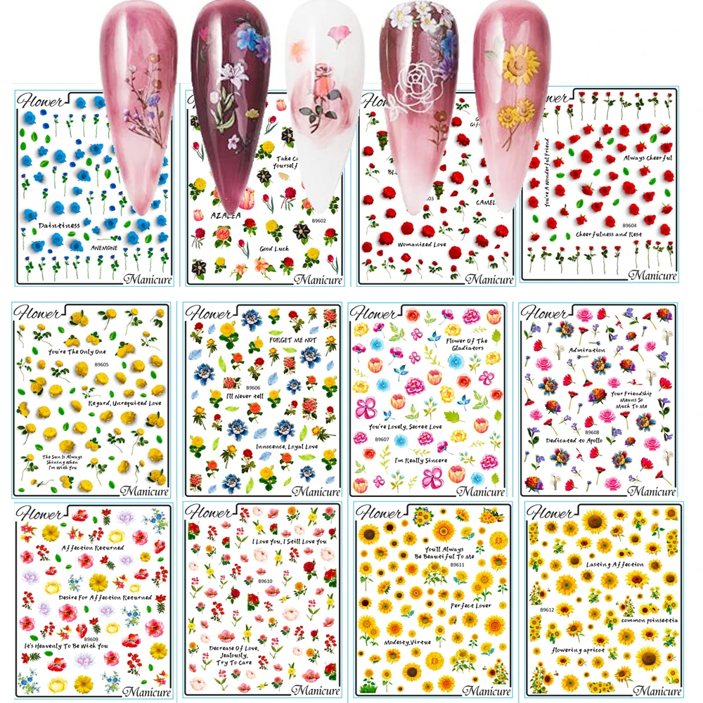 

12pcs 3D Flower Nail Sticker Pink Blue Yellow Floral Slider Nail Art Decorations Adhesive Nail Sticker Manicure Accessories