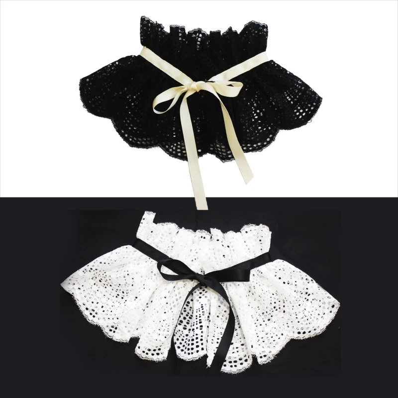 

Q39C Women Gothic Ruffled Fake Collar Hollow Out Lace Shawl Ribbon Bowknot Capelet