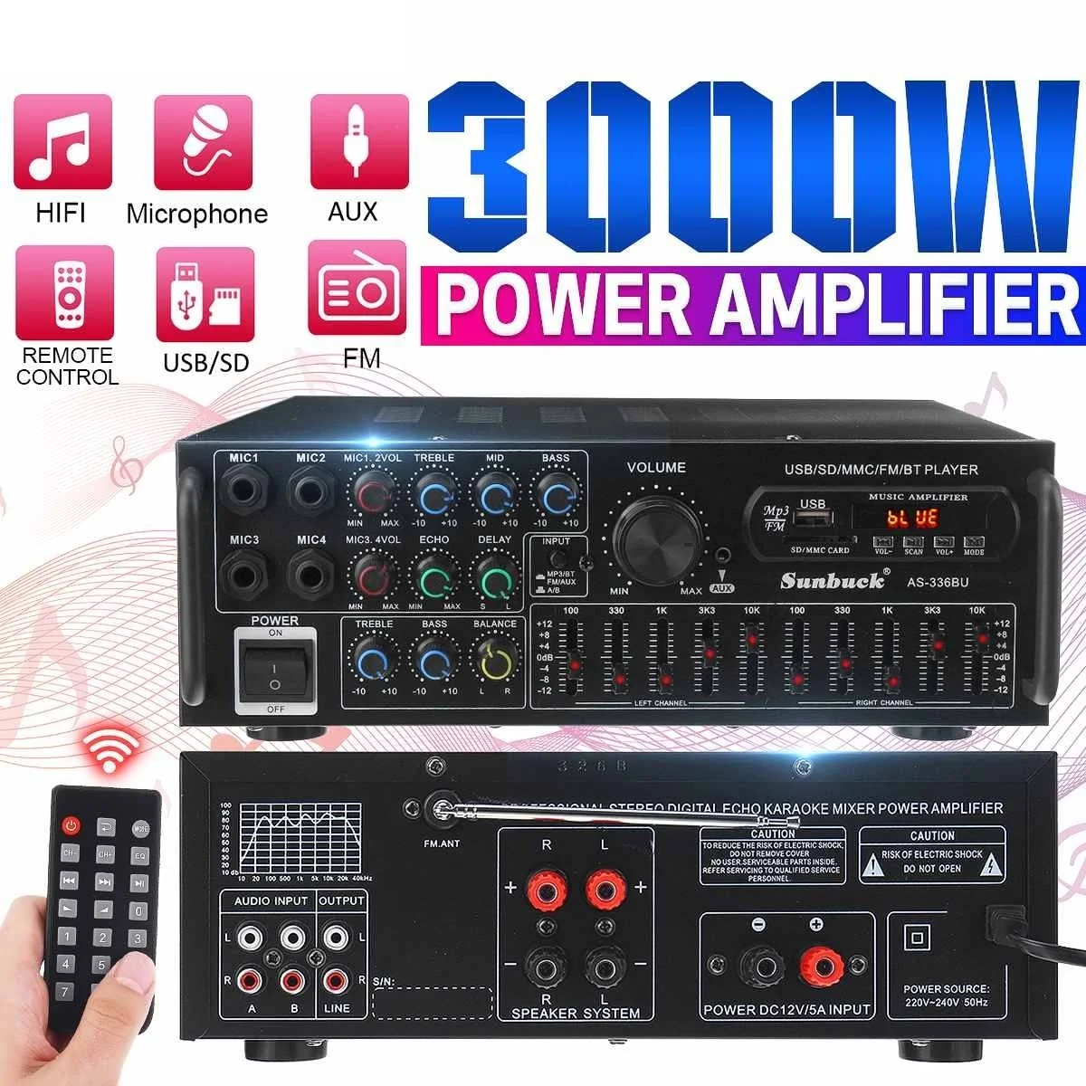 

New 3000W bluetooth Stereo Amplifier Surround Sound USB SD AMP FM DVD AUX LCD Display Home Cinema Karaoke Remote Control