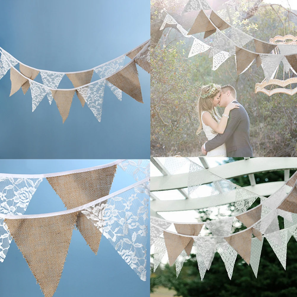 3.2m Wedding Banner Background Burlap Lace Bunting Banner 12 Flags Party Photography Props Country wedding Decoration