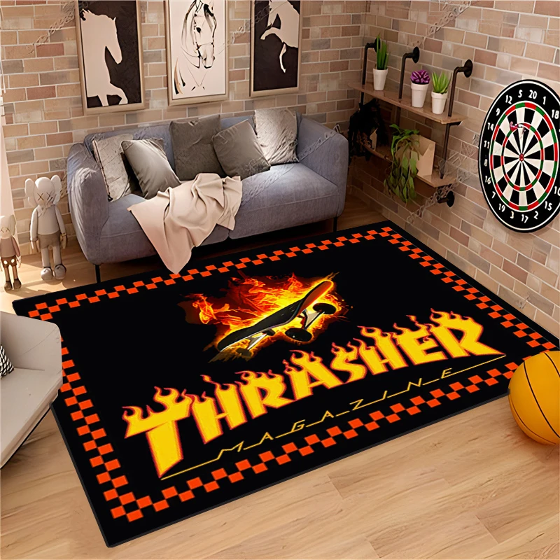 

Fashionable Brand Rug THRASHER Carpet Flame Skateboards Gamer King of The Road Large Carpet Kitchen Bathroom Living Room Bedroom