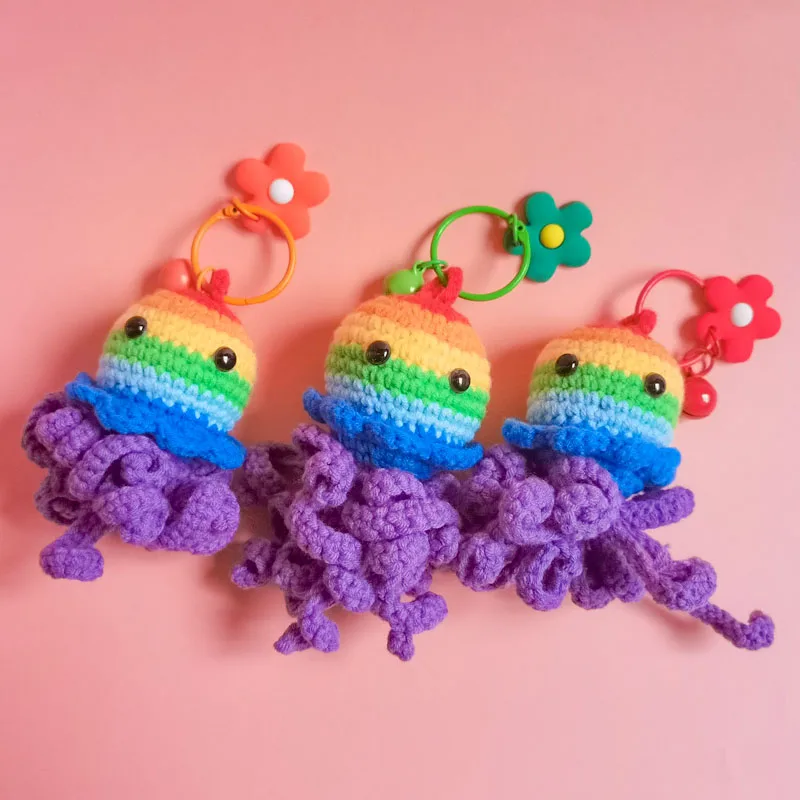 Creative Wool DIY Key Chain Couple Doll Backpack Ornament Pendant Accessories Crochet Cute Rainbow Octopus Jellyfish Keychain