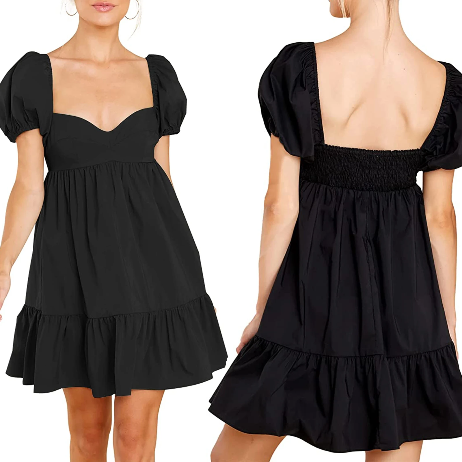 

Women Elegant A-line Dress Summer Short Puff Sleeve Sweetheart Neck Solid/Dots Casual Daily Short Dress Party Female Clothing