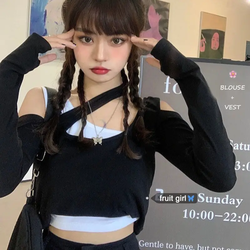 

2023 Shirts for Women Korean Woman Tshirts Chic Fake Two Long Sleeve Off Shoulder Tees Tops Harajuku Black Y2k T-shirt Graphic