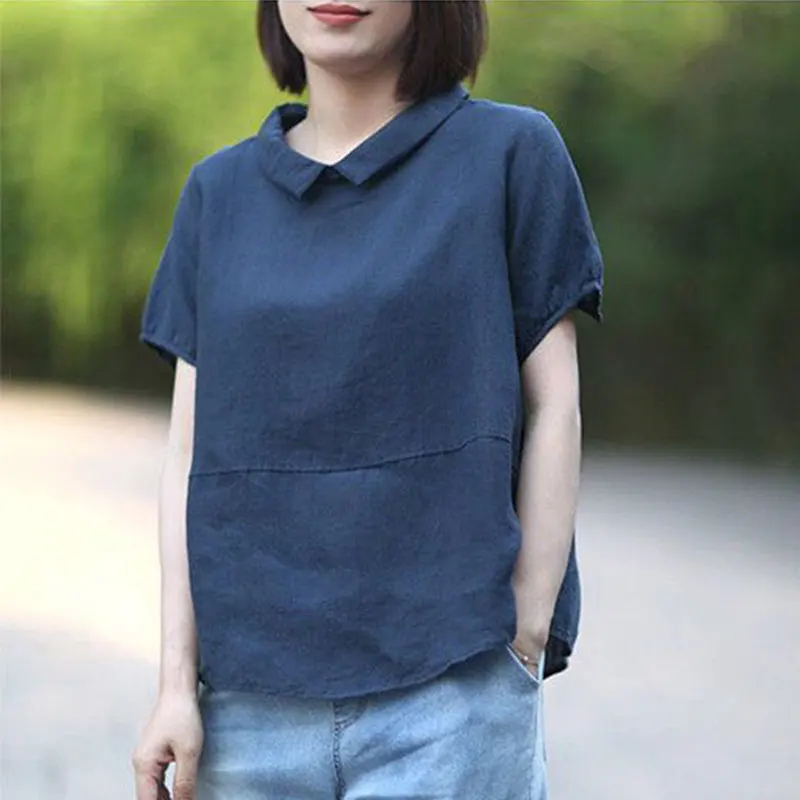 

Loose Casual Short Sleeve Peter Pan Collar Patchwork Linen Tops 2021 Vintage Female T-shirt Big Oversized Summer Women Shirts