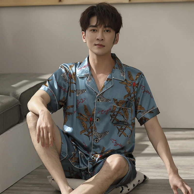Летняя Пижама для мужчин одежда сна атласная шелковая мужская ночная рубашка с