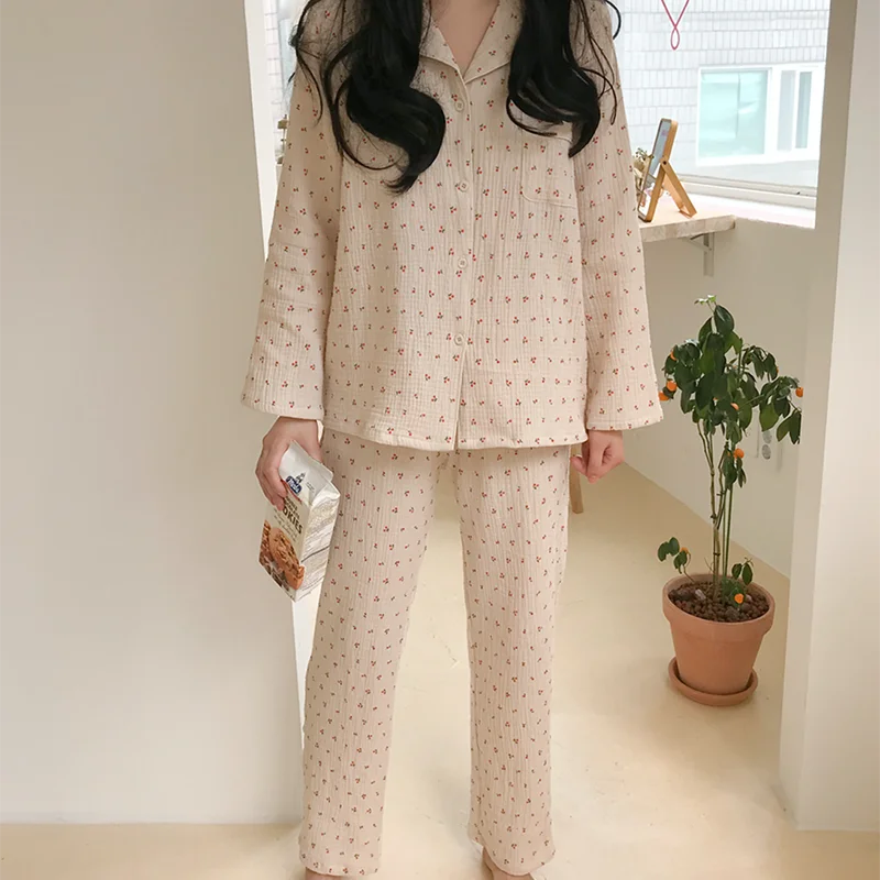 

Cotton Linen Sleepwear Set Sweet Cute Cherry Print Pajamas Vintage Kawaii Notched Pocket Home Suit Shirt+Trousers Button