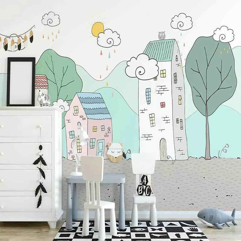 

Фотообои на заказ скандинавские расписанные вручную милые облака дом фото настенная живопись детская спальня домашний Декор 3D Papel де Parede