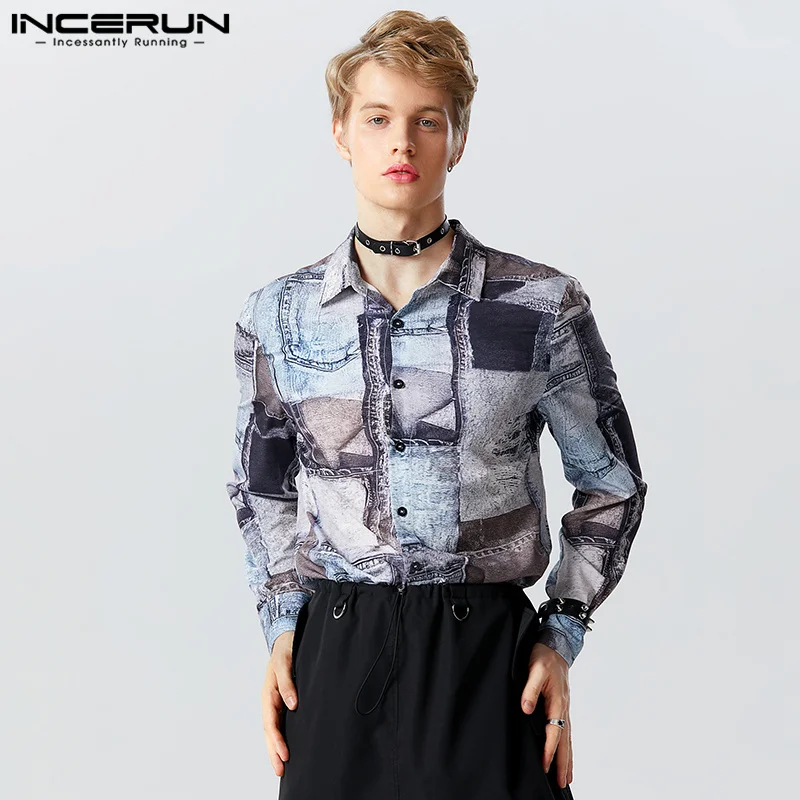 

INCERUN Tops 2023 American Style Men Fashion Denim Print Pattern Shirts Casual Party Hot Selling Lapel Long Sleeved Blouse S-5XL