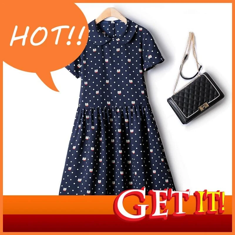 

Summer Women's Dresses 2023 Casual Sweet Cute Cartoon Doll Collar Waist Pinch Pleated Mid-length Thin Chiffon Dress Woman 4XL