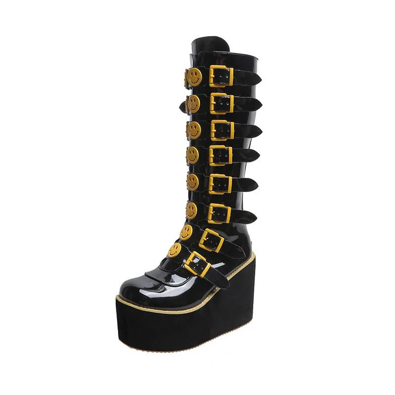 

Women Personality High Boots PU Color Matching Smiley Buckle Wedge Heel Thick Sole Fashion Classic Street Women Shoes KC303