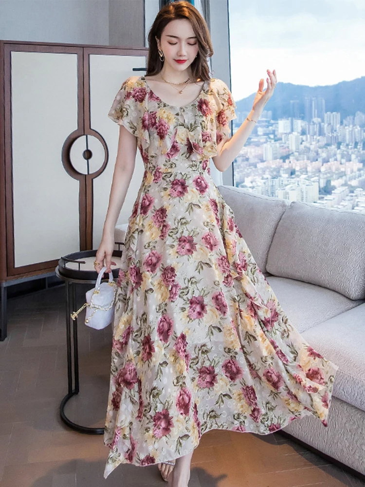

2023 Summer Elegant Women Maxi Boho Dress Fashion Casual Chiffon Floral Robe Long Ruffles Fiesta Party Luxury Evening Prom Dress