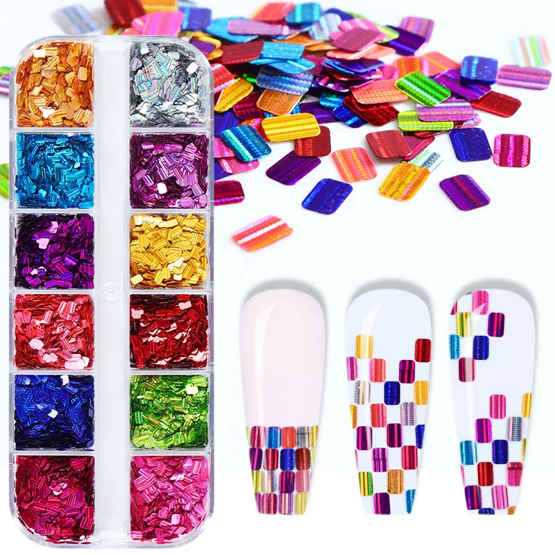 

12 Grids Holographic Square Glitter Flakes Nail Art Accessories Mirror Square Shape Gel Polish Manicure Design Nagels Spulletjes