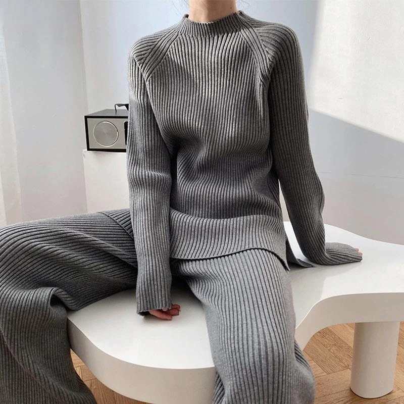 Sweater Knit Two Piece Set Women O Neck Thread Sweater Knit Tracksuit Female Casual High Waist Knit Wide Leg Straight Pants Suit