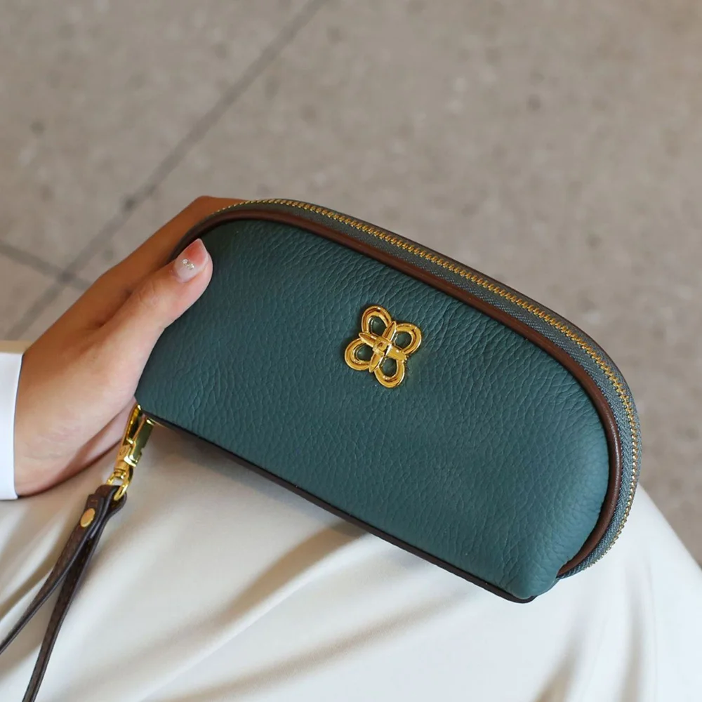 

New 2023 Genuine Leather Clutch Bag Women Natural Cow Long Purse Ladies Evening Bags Wallets Flower Deco Daily Clutches